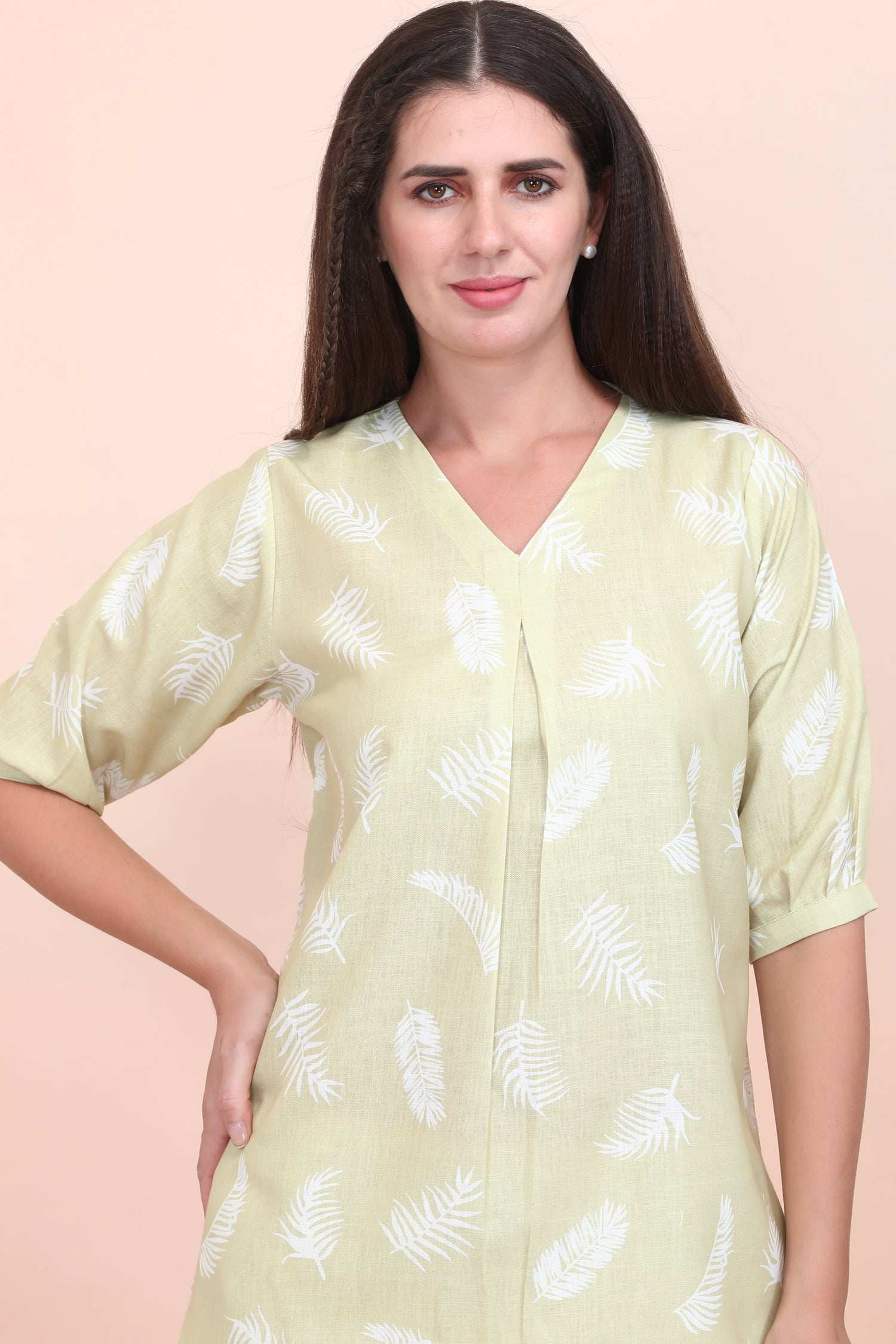 Velure Tunic Leaves Print Co-ord Set - Velure - - 3/4 Sleeves, Cotton, Full Length Pant, Linen, V Neck