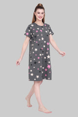 Velure Multi-Color Stars Print Short Nighty - Velure - Short Nighty - Cotton, Half Sleeves, Knee Length, Printed, Round neck