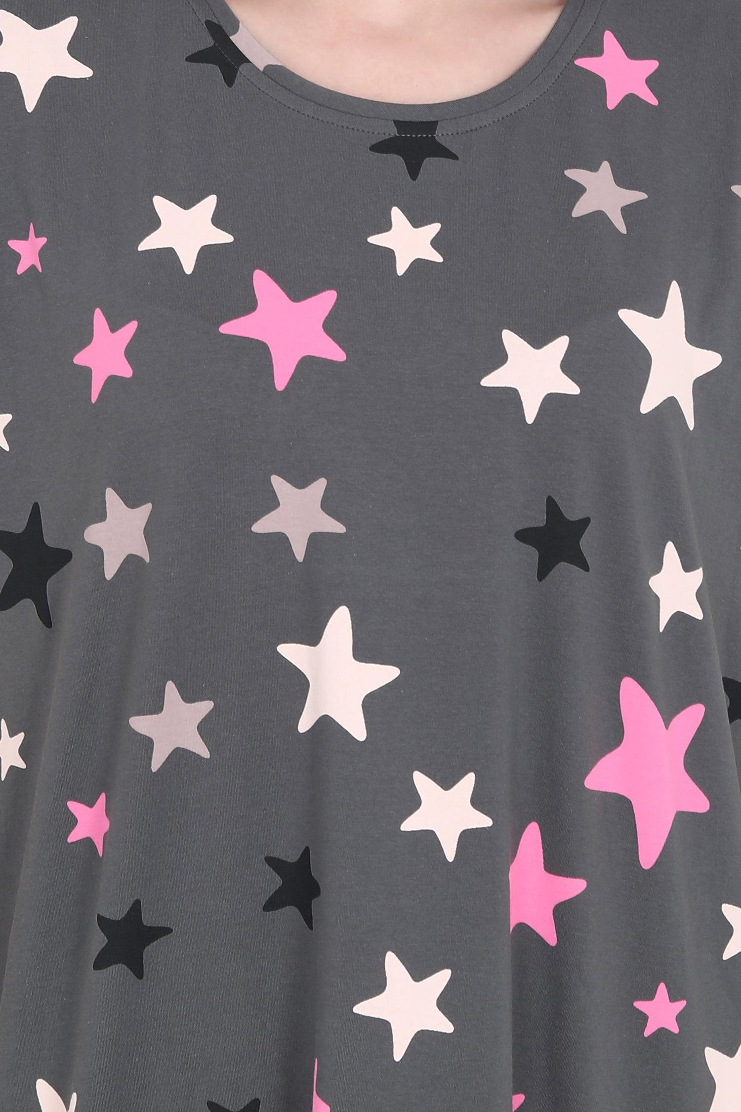 Velure Multi-Color Stars Print Short Nighty - Velure - Short Nighty - Cotton, Half Sleeves, Knee Length, Printed, Round neck