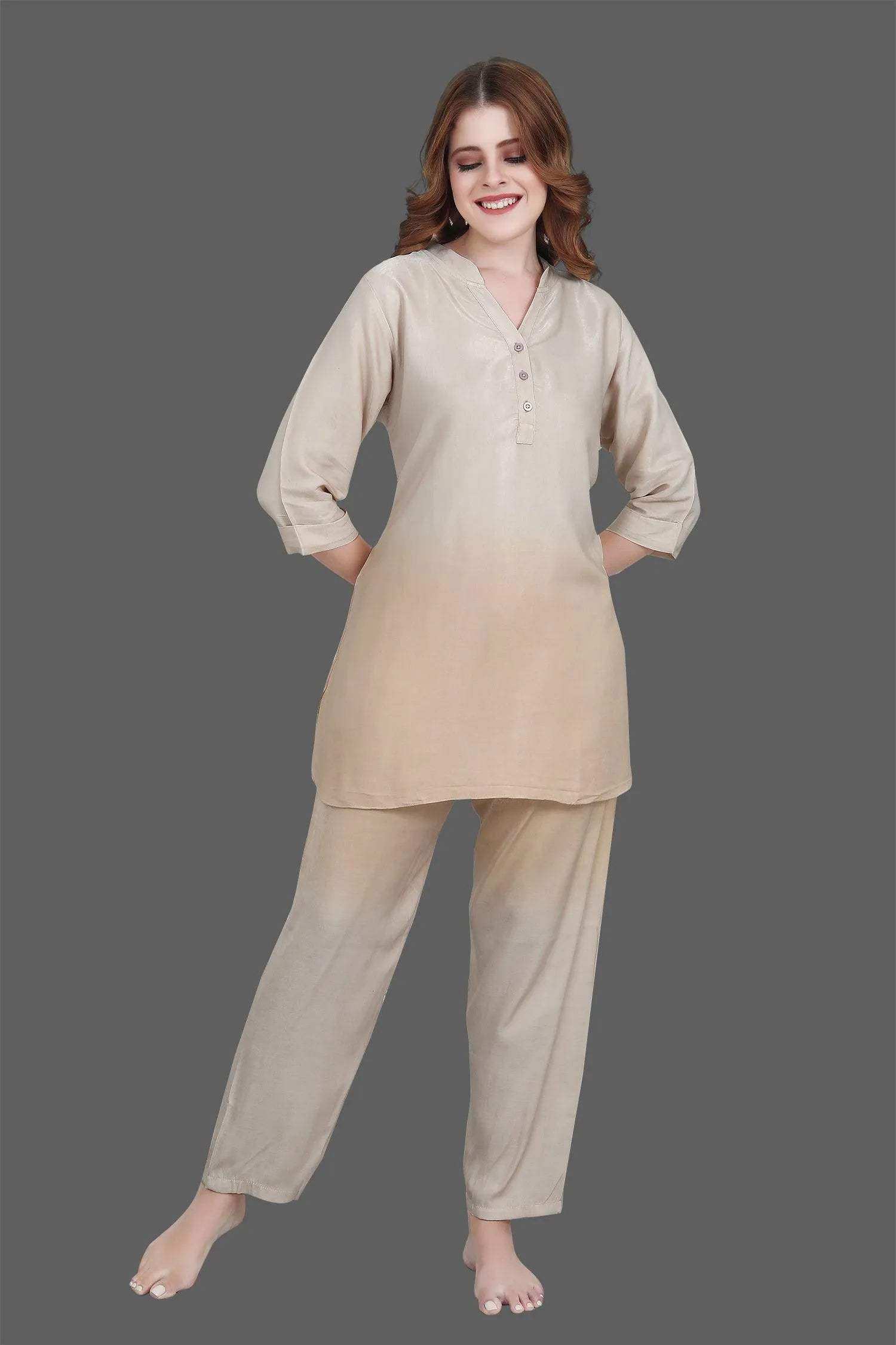 Velure Ethnic Dual Shade Kurti Style Night Suit - Velure - - 3/4 Sleeves, Collar Neck, Cotton, Front Button Open, Full Length Pant