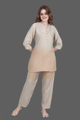 Velure Ethnic Dual Shade Kurti Style Night Suit - Velure - Long Top and Pant - 3/4 Sleeves, Collar Neck, Cotton, Front Button Open, Full Length Pant