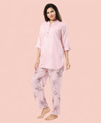 Velure Stylish Floral Print Kurti Style Night Suit - Velure - - 3/4 Sleeves, Collar Neck, Full Length Pant, Linen, Printed