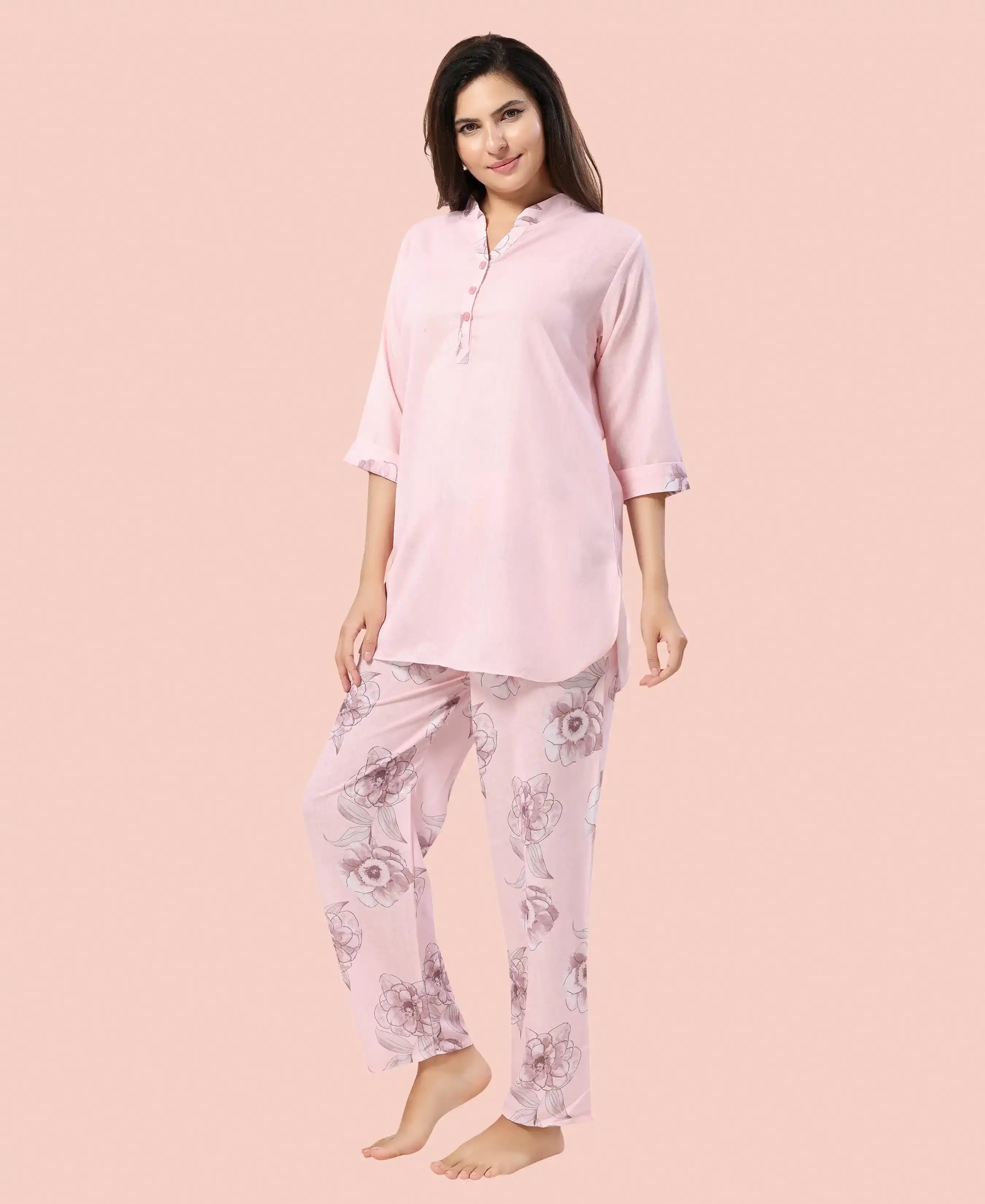 Velure Stylish Floral Print Kurti Style Night Suit - Velure - - 3/4 Sleeves, Collar Neck, Full Length Pant, Linen, Printed