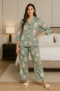 Velure Labubu Green Satin Night Suit - Velure - - 3/4 Sleeves, Collar Neck, Front Button Open, Full Length Pant, Printed, Satin