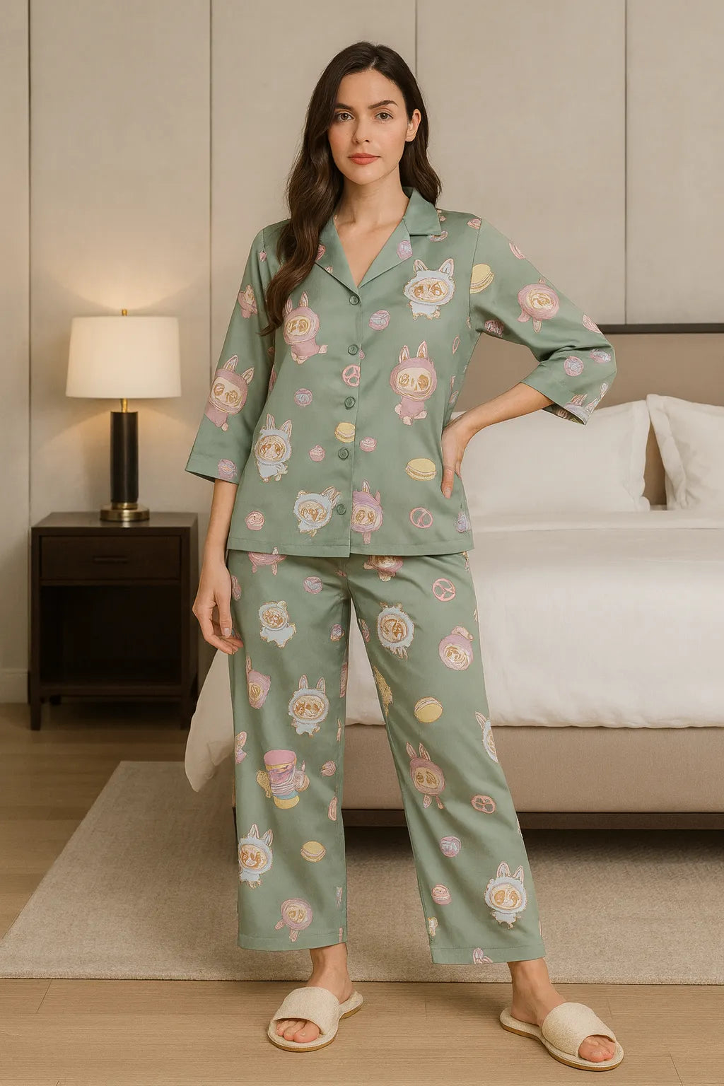 Velure Labubu Green Satin Night Suit