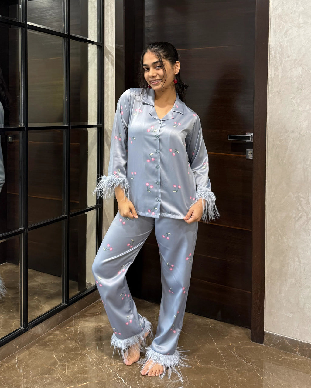 Velure Cute Grey Cherry Fur Satin Sleepwear Set