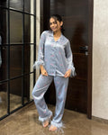 Velure Cute Grey Cherry Fur Satin Sleepwear Set - Velure - - 3/4 Sleeves, Collar Neck, Front Button Open, Full Length Pant, Satin