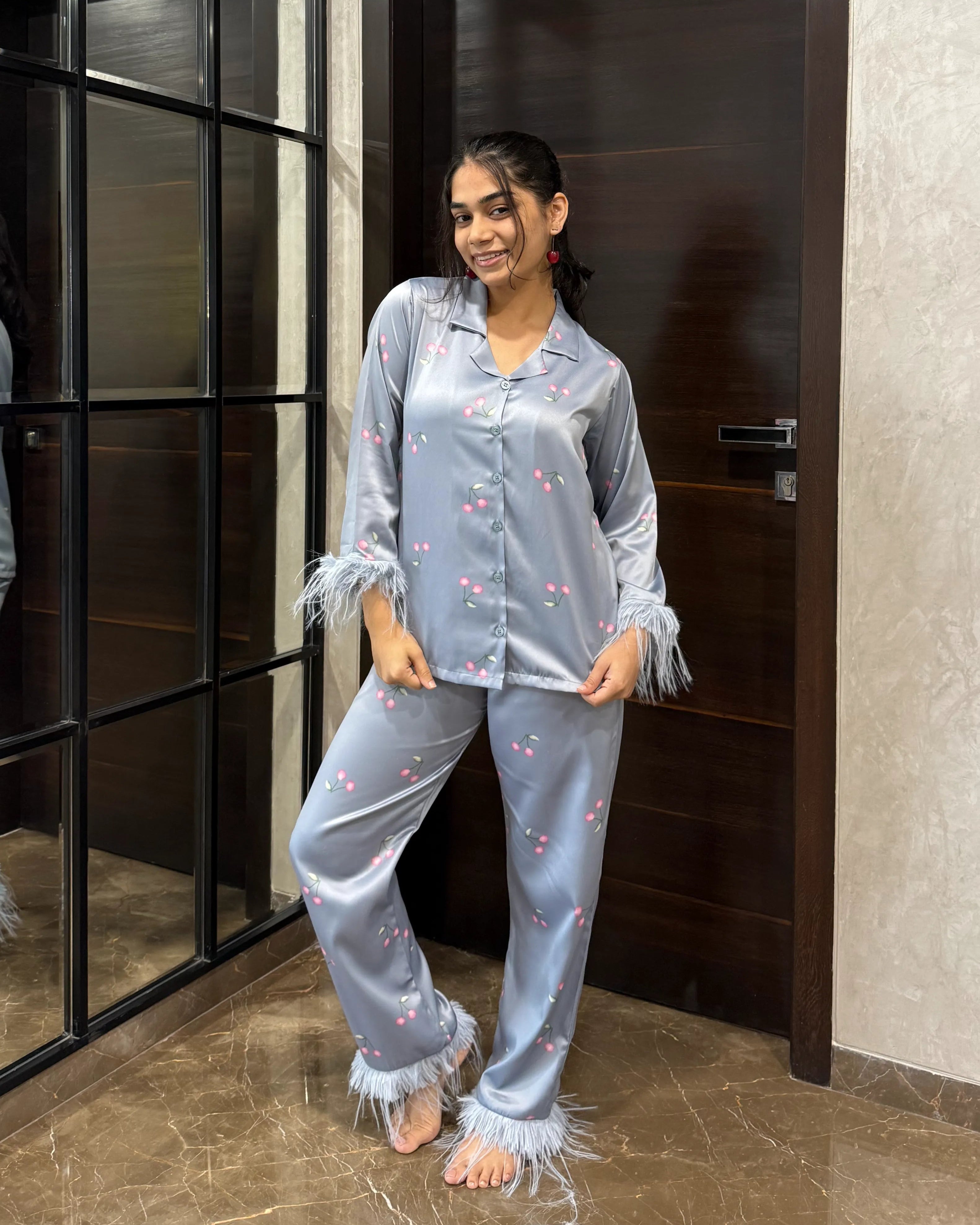 Velure Cute Grey Cherry Fur Satin Sleepwear Set