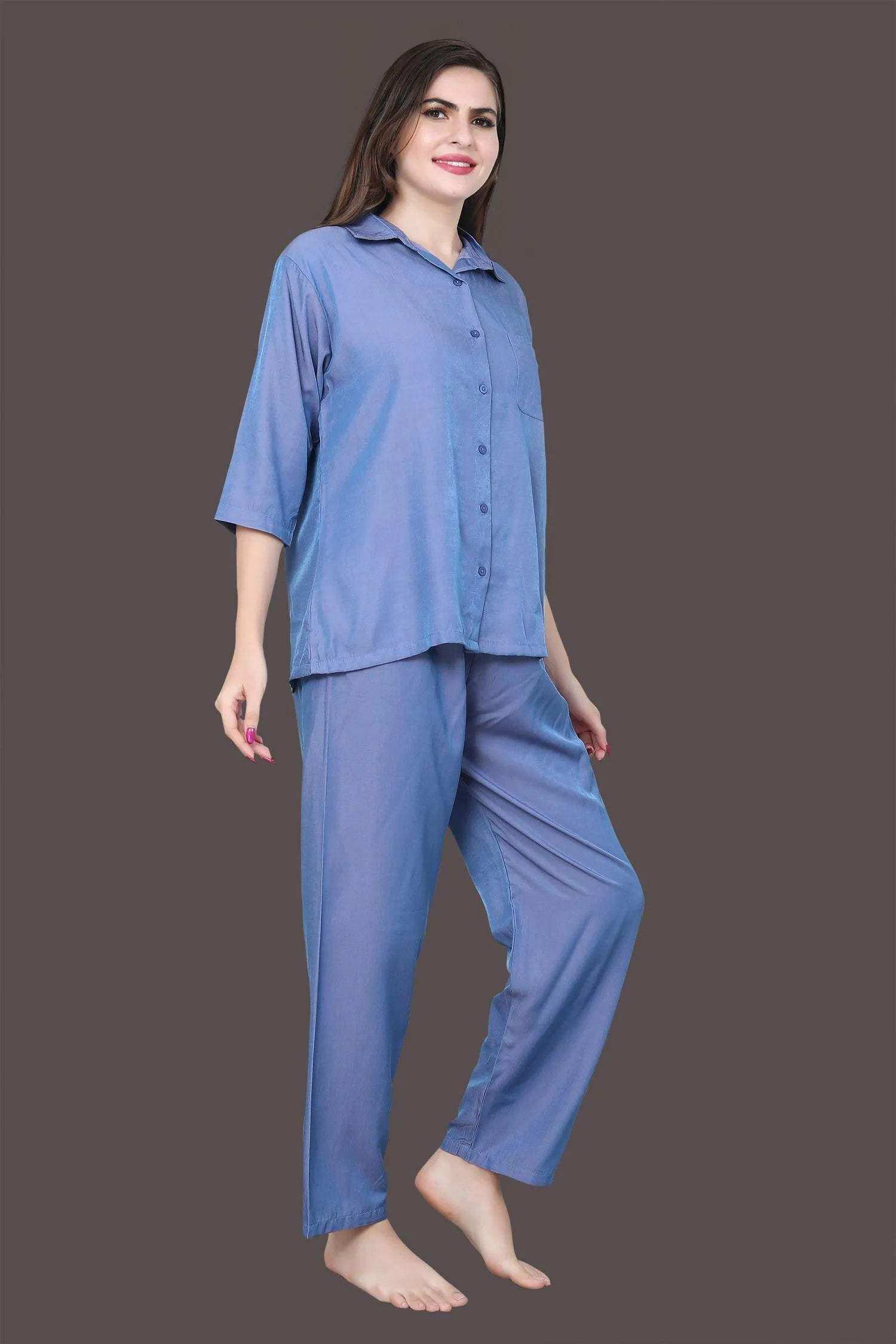 Velure Tunic Co-ord Set - Velure - - 3/4 Sleeves, Collar Neck, Cotton, Front Button Open, Full Length Pant