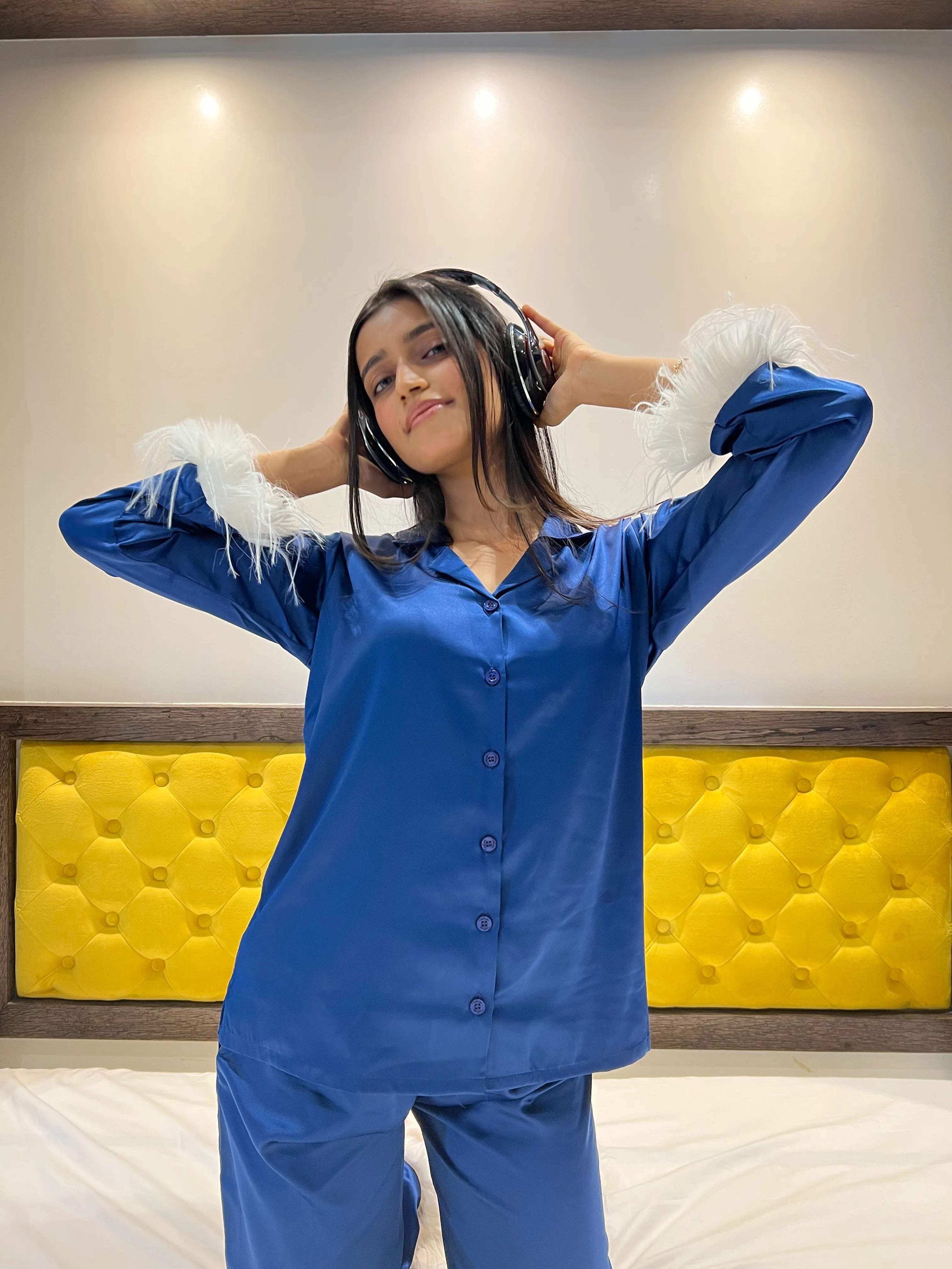Velure Luxurious Royal Blue Fur Night Suit - Velure - - Collar Neck, Front Button Open, Full Length Pant, Full Sleeves, Fur, Satin