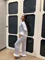 Velure Grey Shimmering Star Fur Satin Sleepwear Set - Velure - - Detail-printedfur, Front Button Open, Full Length Pant, Fur, Satin
