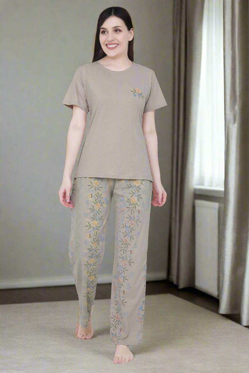Velure Abstract Floral Print Pajama Set - Velure - - Floral Print, Full Length Pant, Half Sleeves, Round neck nightsuit