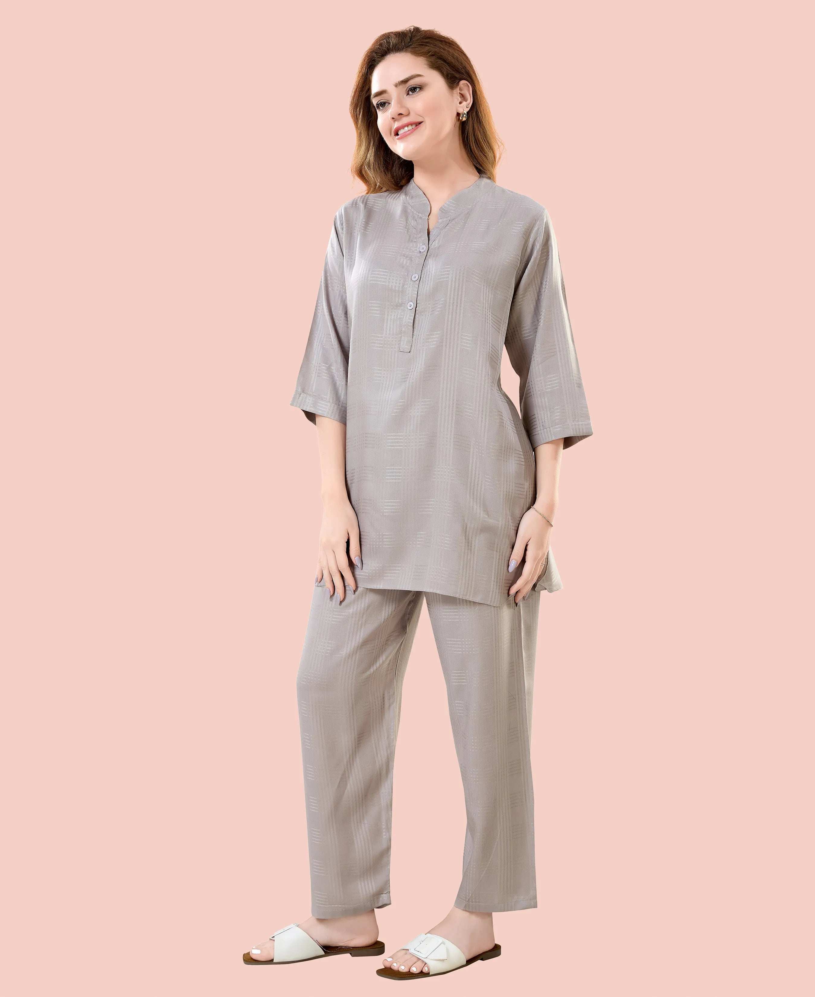 Velure Chic Grey Kurti Style Night Suit - Velure - - 3/4 Sleeves, Collar Neck, Cotton, Front Button Open, Full Length Pant