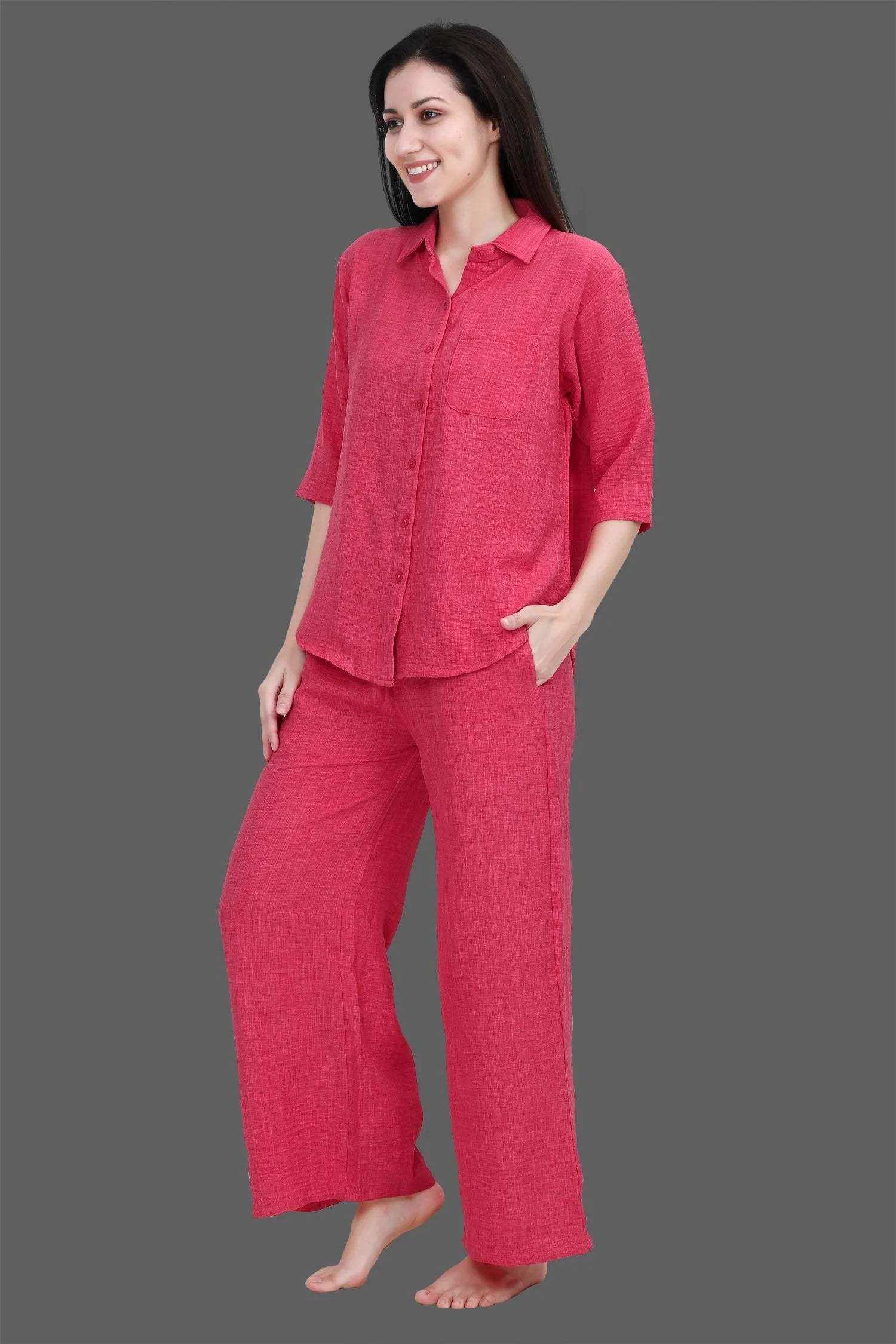 Velure Classic Palazzo Night Suit Set - Velure - - 3/4 Sleeves, Collar Neck, Front Button Open, Full Length Pant