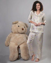 Velure Frenzy Floral Print Satin Night Suit - Velure, Shirt and Pant, Enhance your style with this ultra-comfortable, stunning Velure Frenzy Floral Print Satin Night Suit. Made from smooth satin fabric, known for its luxurious softness and unmatched comfort, this suit features a beautiful print pattern that brings joy. The set includes a shirt with full sleeves and full-length pants with an elastic waistband for an ideal fit. Prepare for a peaceful slumber and sweet dreams!