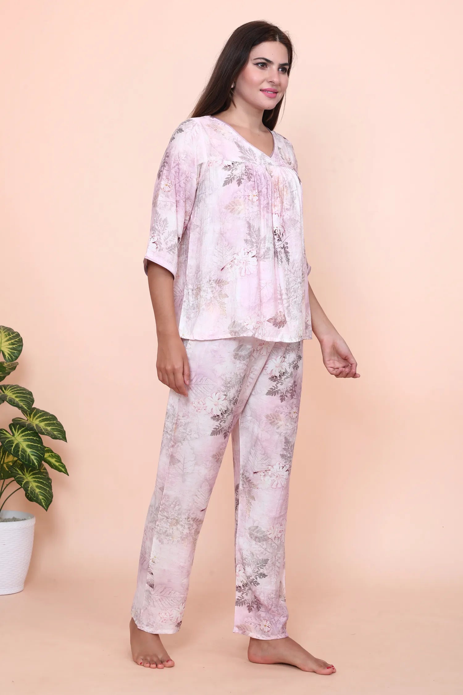 Velure Pink Leaves Print Frock-Style Night Suit - Velure - - 3/4 Sleeves, Cotton, Frock Style, Full Length Pant, Linen
