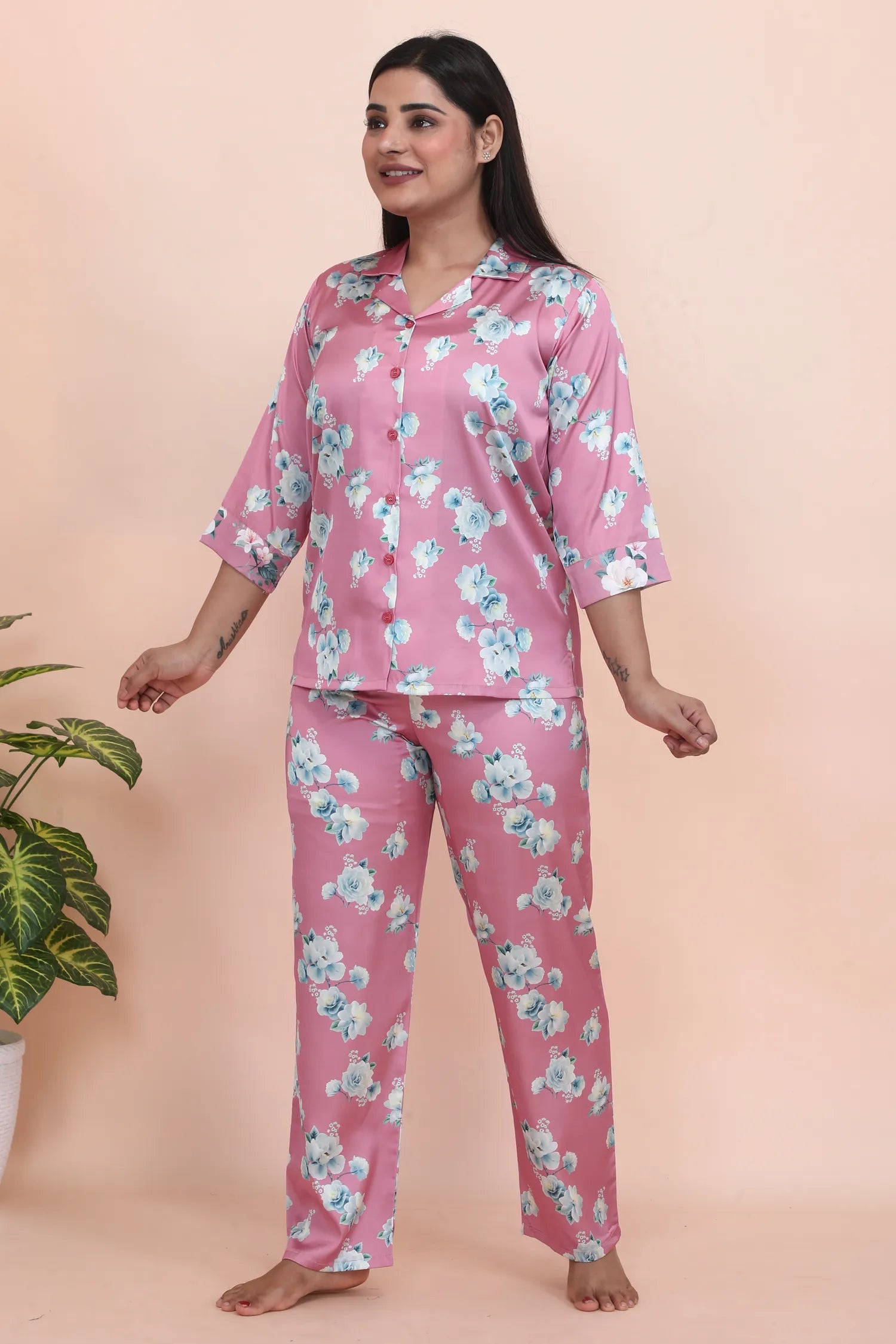 Velure Pink Floral Print Night Suit - Velure - - 3/4 Sleeves, Collar Neck, Front Button Open, Full Length Pant, Satin