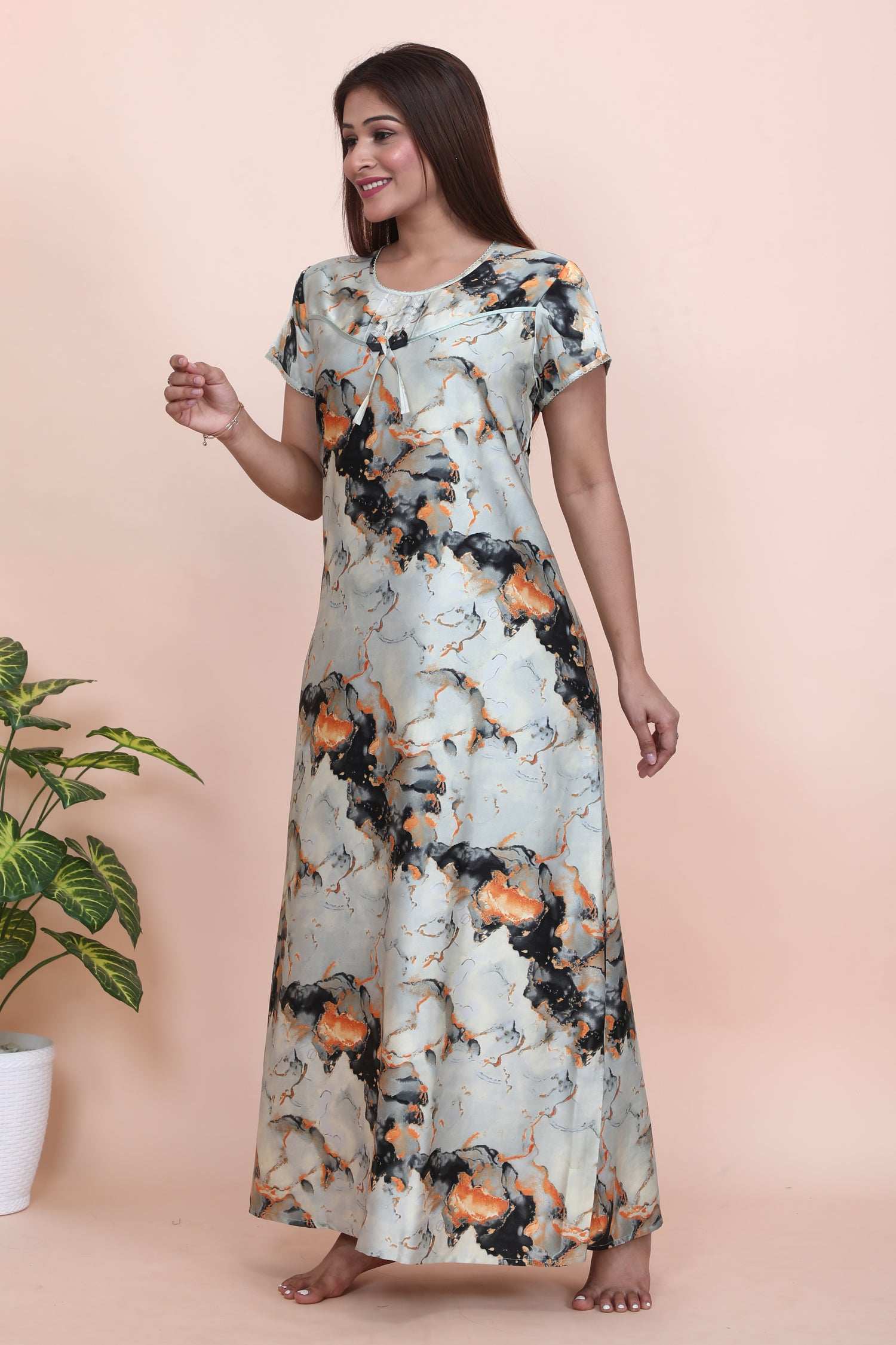 Velure Shiny Abstract Grey Satin Nighty - Velure - - Full Length Nighty, Half Sleeves Nighty, Satin