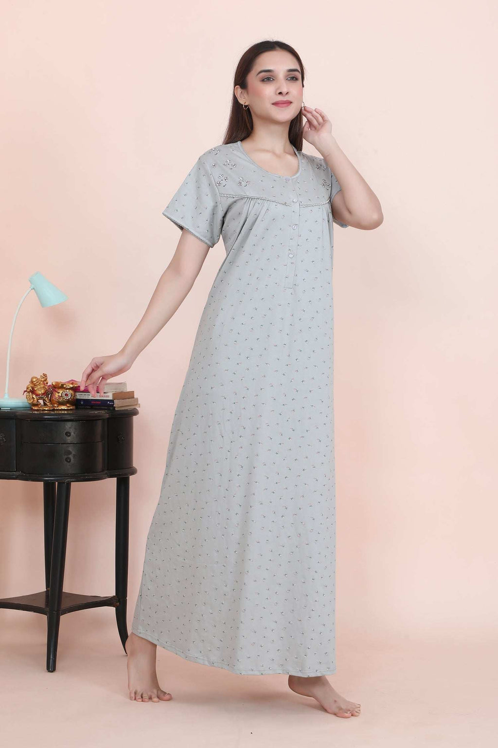 Velure Grey Floral Print Hosiery Nighty - Velure - - Full Length Nighty, Half Sleeves Nighty, Hosiery Cotton, Printed