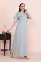 Velure Grey Floral Print Hosiery Nighty - Velure - - Full Length Nighty, Half Sleeves Nighty, Hosiery Cotton, Printed