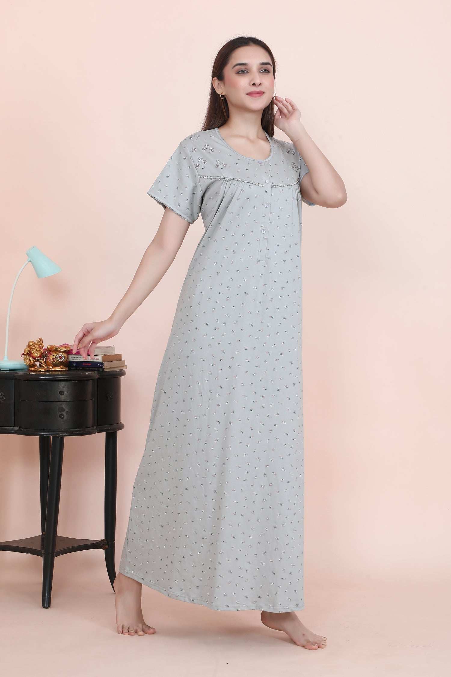 Velure Grey Floral Print Hosiery Nighty - Velure - - Full Length Nighty, Half Sleeves Nighty, Hosiery Cotton, Printed