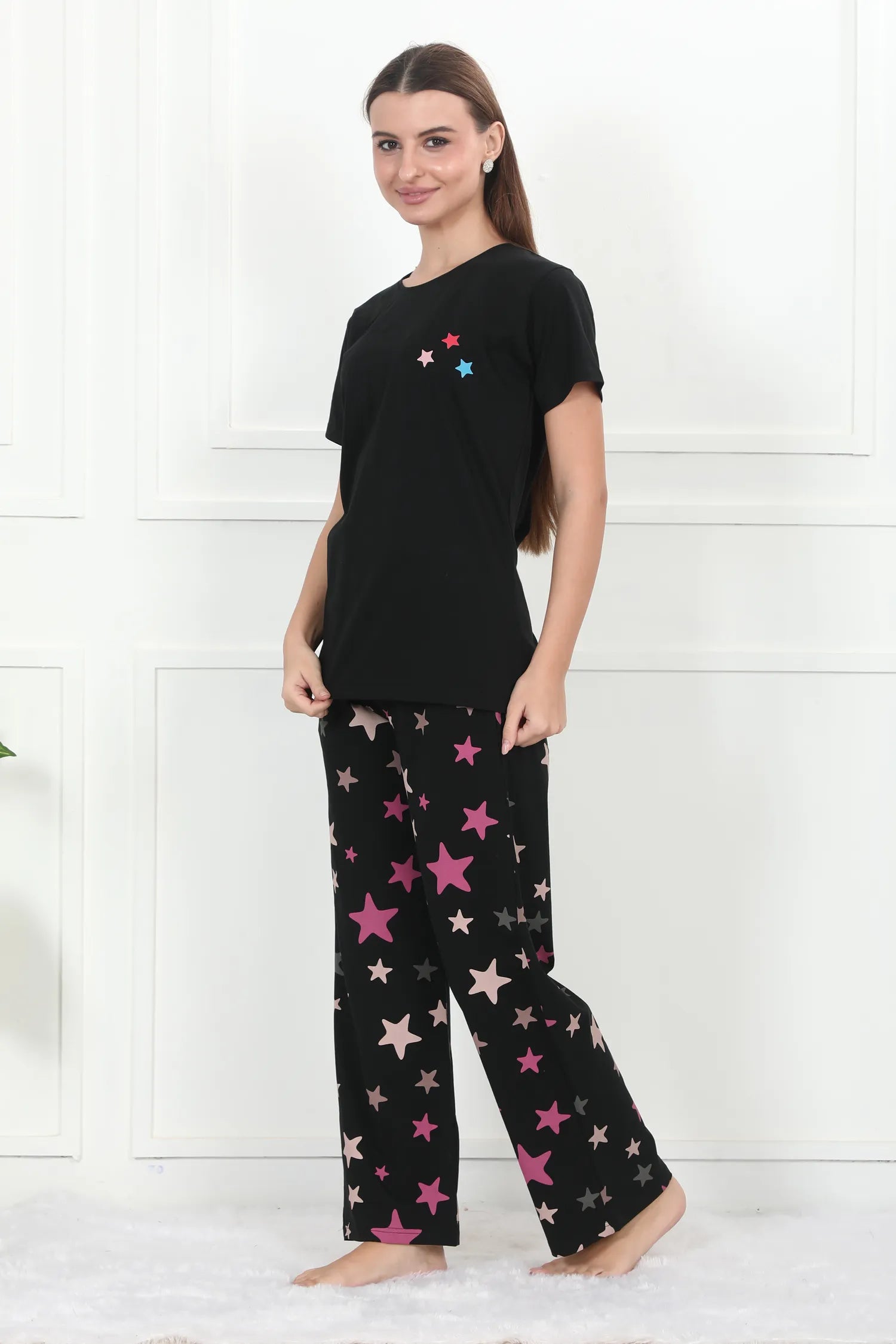 Velure Glossy Black Star Print Pajama Set