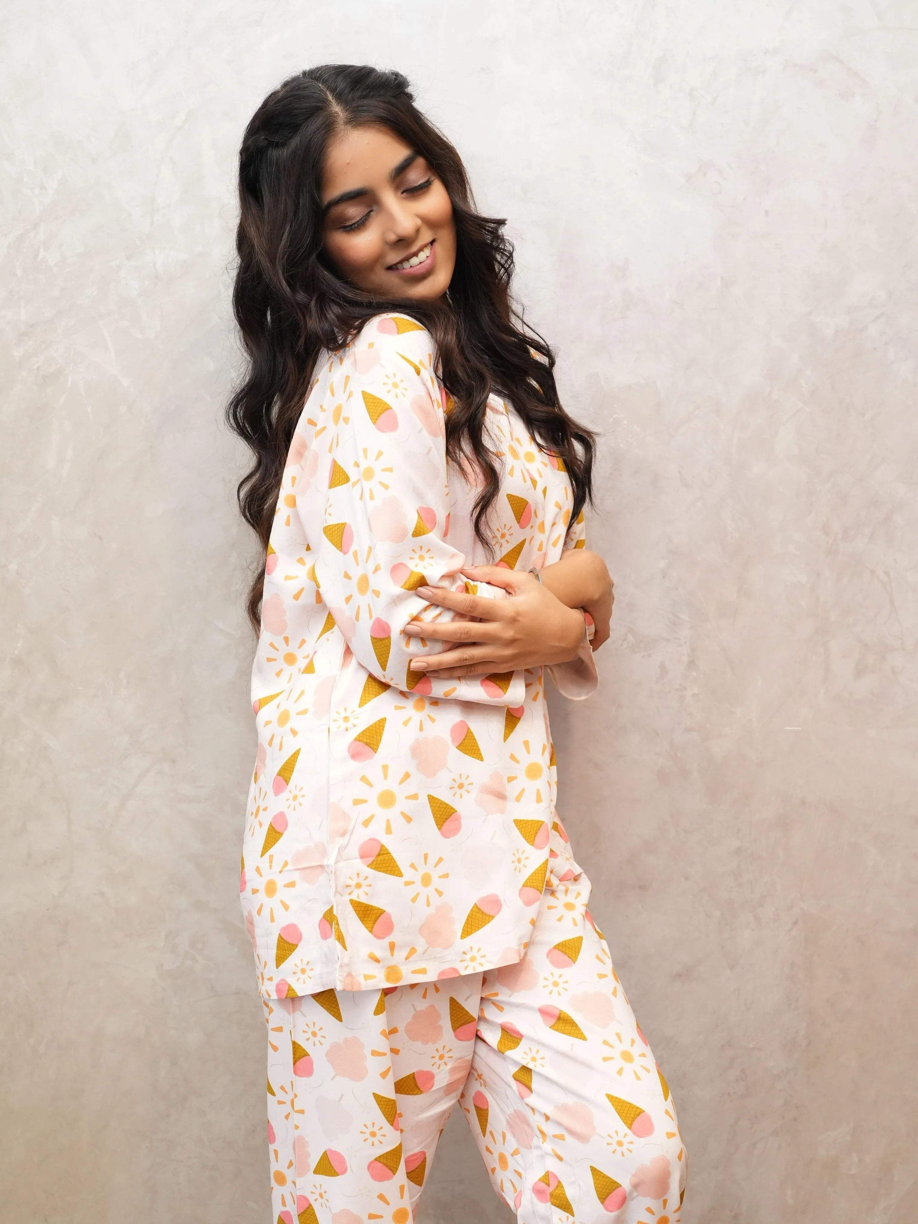 Ice-Cream Night Suit - Velure - Shirt and Pant - 3/4 Sleeves, Collar Neck, Cotton, Front Button Open, Full Length Pant, Printed