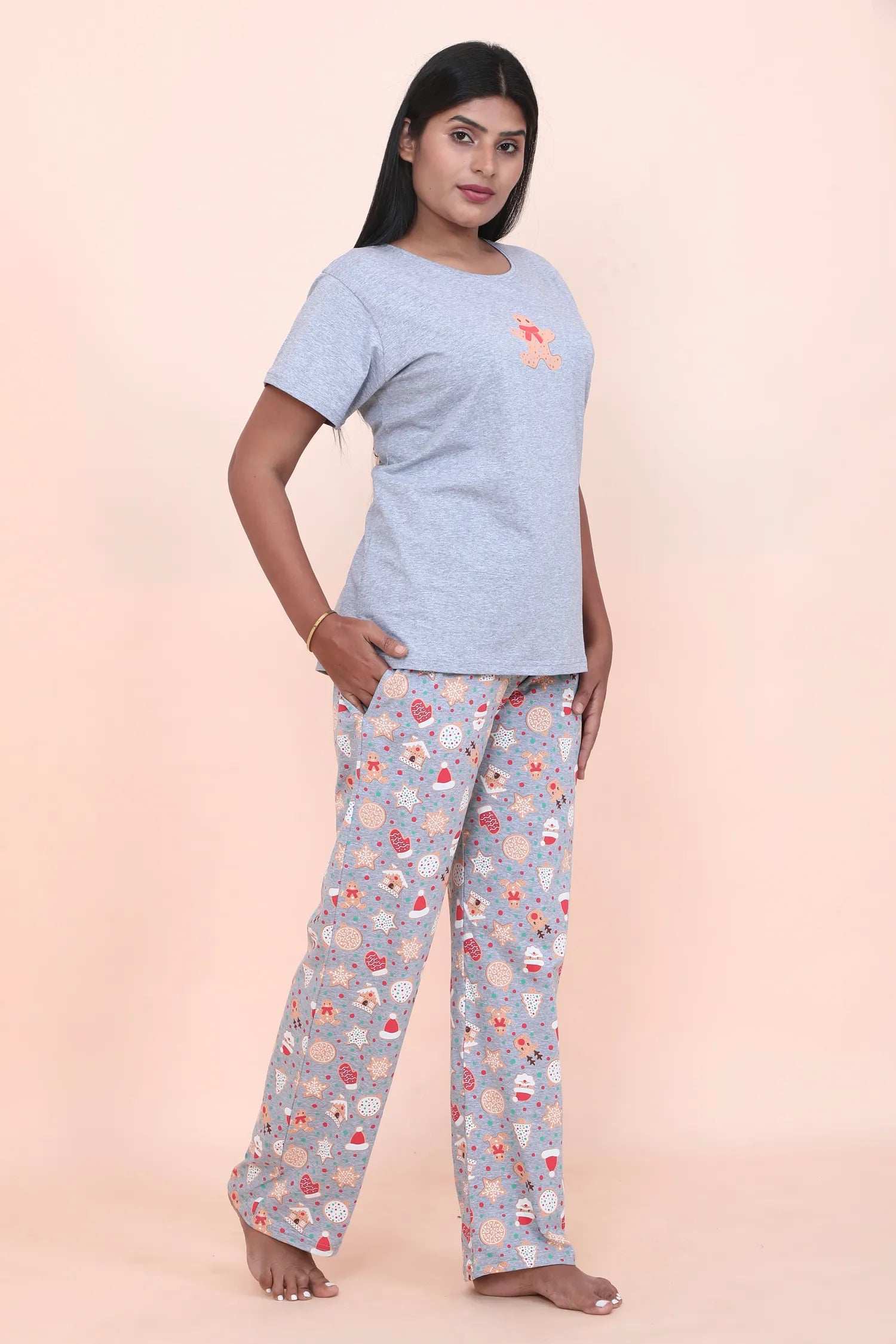 Velure Gingerbread Cookie Print Pajama Set - Velure - - Cotton Lycra Fabric, Full Length Pant, Half Sleeves, Round neck nightsuit