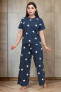 Velure Glossy Star Print Palazzo Night Suit - Velure - - Cotton Lycra Fabric, Full Length Pant, Half Sleeves, Round neck