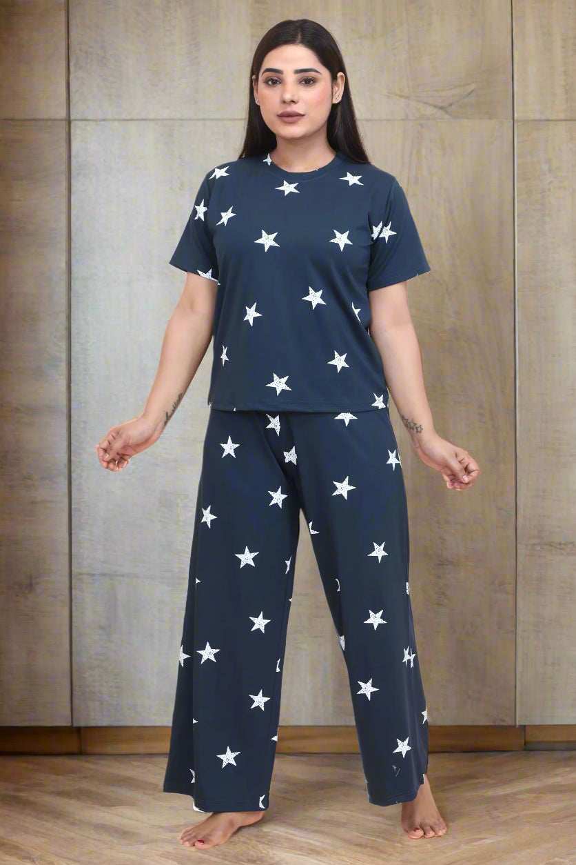 Velure Glossy Star Print Palazzo Night Suit - Velure - - Cotton Lycra Fabric, Full Length Pant, Half Sleeves, Round neck