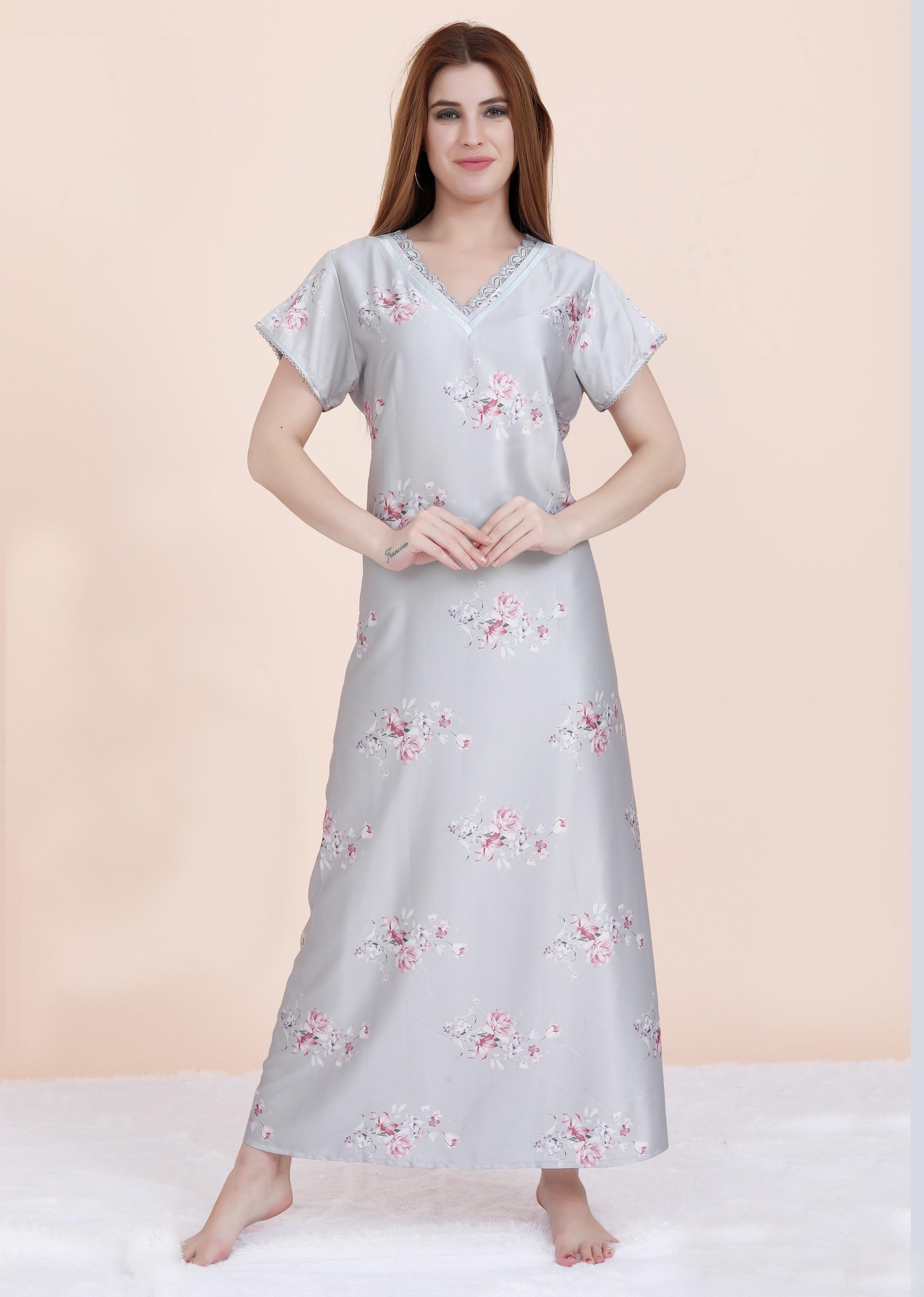 Velure Floral Prints Satin Nighty - Velure - Nighty - Floral Print, Full Length Nighty, Half Sleeves Nighty, Satin