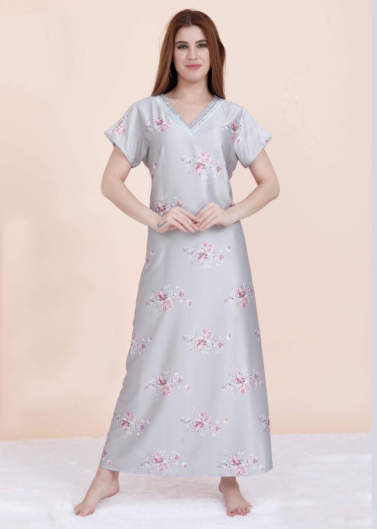 Velure Floral Prints Satin Nighty - Velure - Nighty - Floral Print, Full Length Nighty, Half Sleeves Nighty, Satin