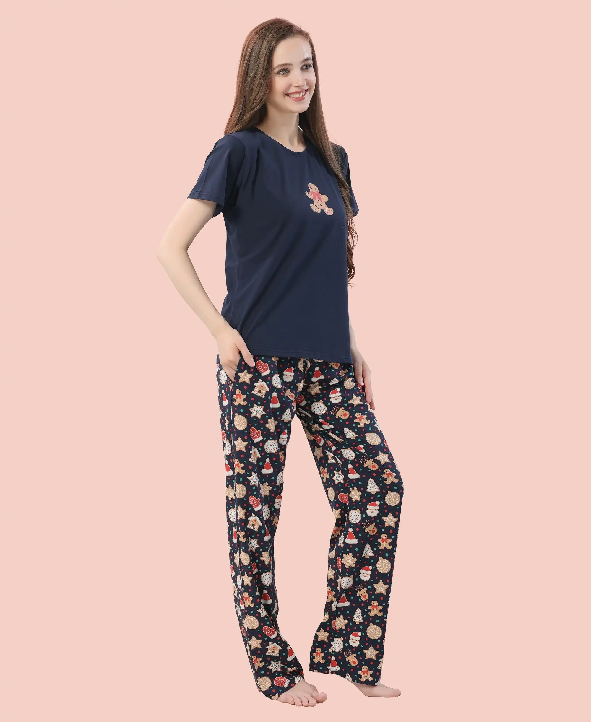 Velure Classic Gingerbread Cookie Print Pajama Set - Velure - - Cotton Lycra Fabric, Full Length Pant, Half Sleeves, Round neck nightsuit