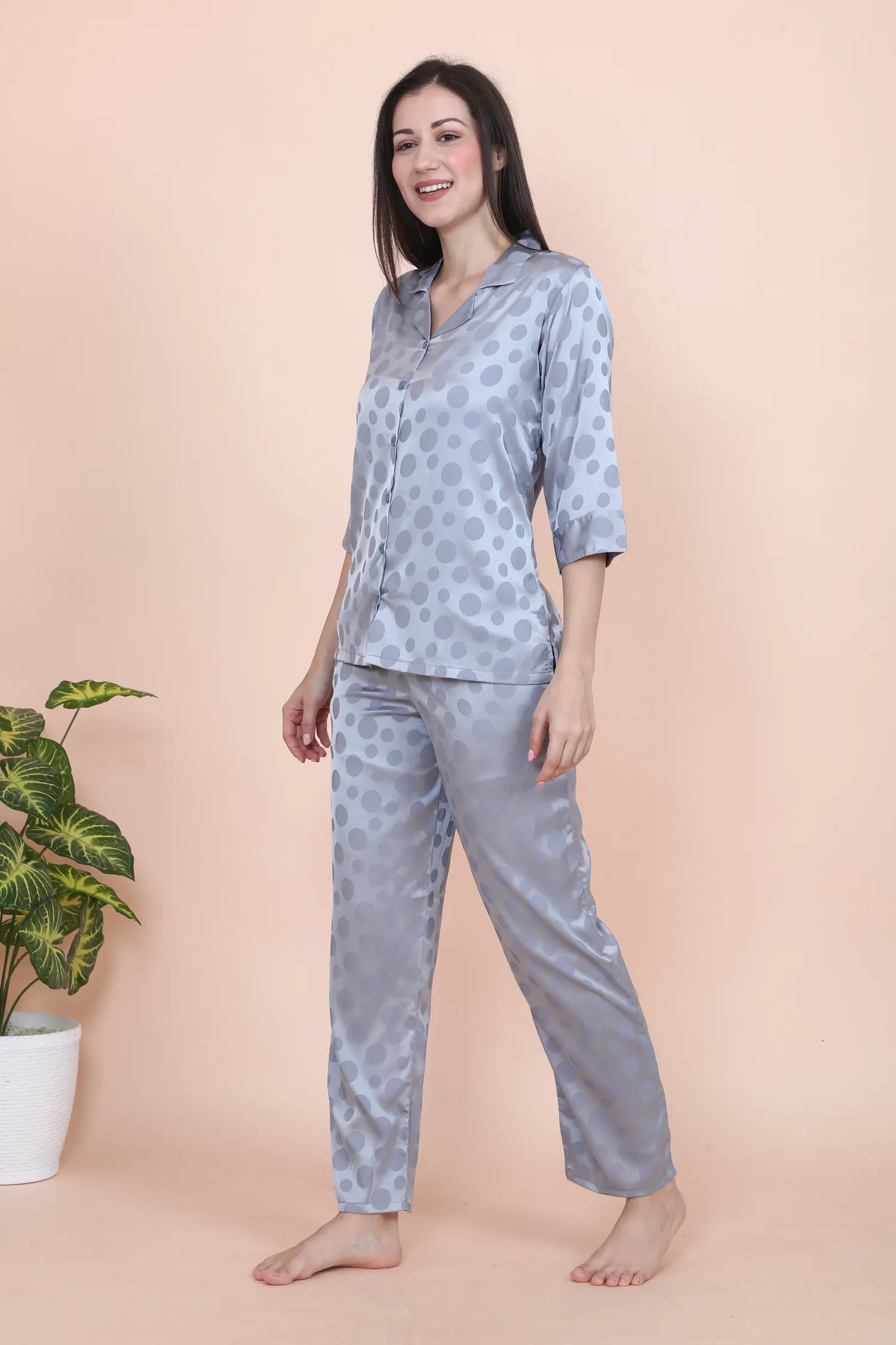 Velure Grey Casual Polka Dot Satin Night Suit