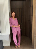 Velure Classic Wine Cotton Night Suit - Velure - - 3/4 Sleeves, Collar Neck, Cotton, Front Button Open, Full Length Pant