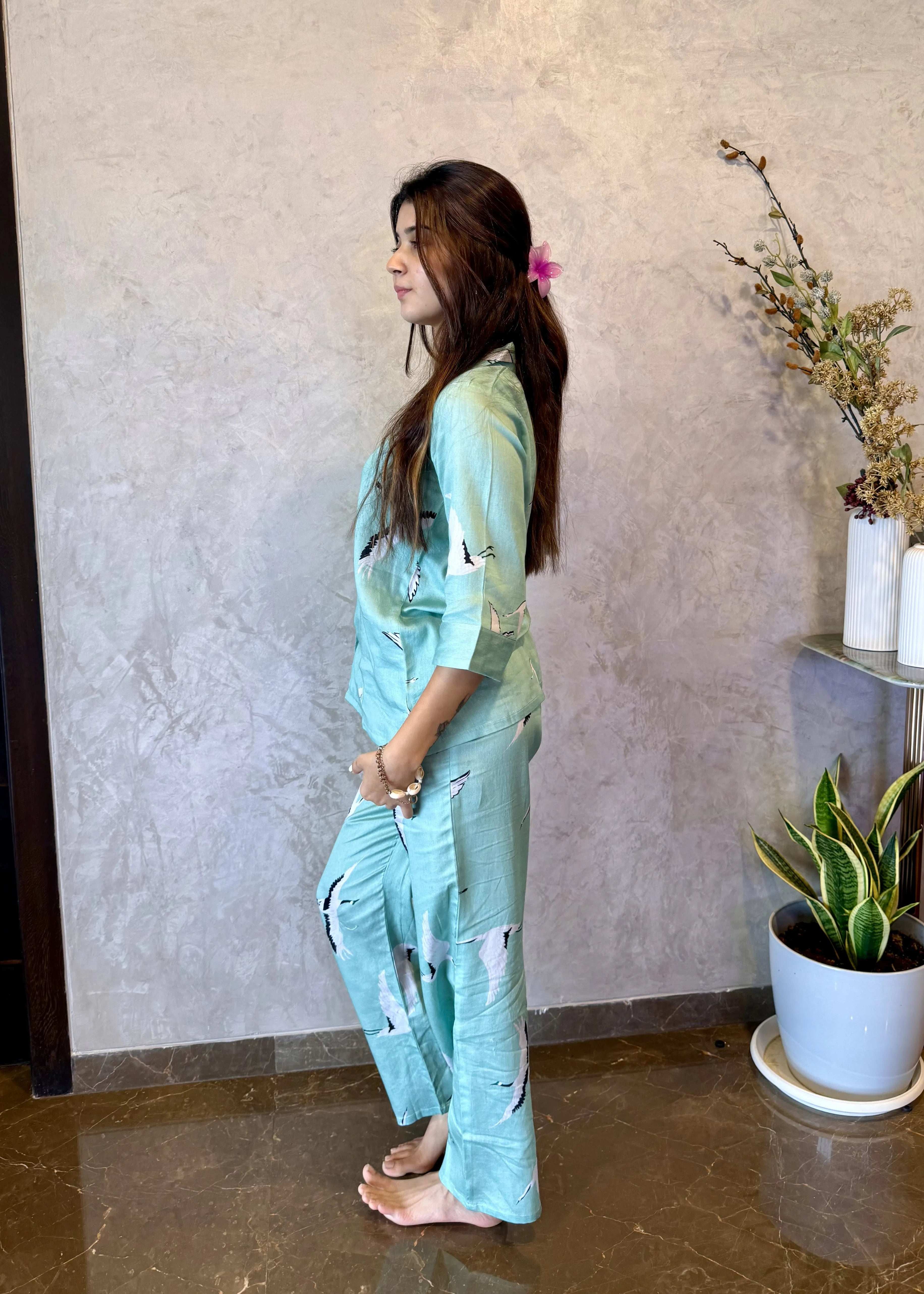 Velure Green Swan Cotton Night Suit - Velure - - 3/4 Sleeves, Collar Neck, Cotton, Front Button Open, Full Length Pant