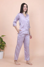Velure Ethnic Lavender Satin Night Suit - Velure - - 3/4 Sleeves, Collar Neck, Front Button Open, Full Length Pant, Printed, Satin