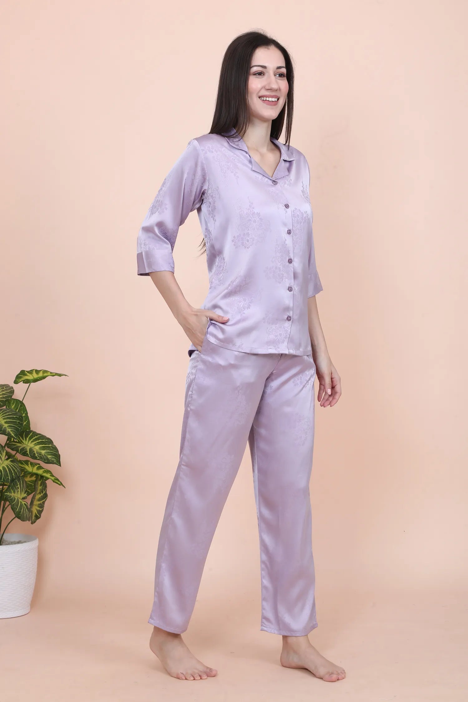 Velure Ethnic Lavender Satin Night Suit - Velure - - 3/4 Sleeves, Collar Neck, Front Button Open, Full Length Pant, Printed, Satin