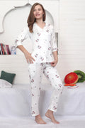 Velure Adorable White Floral Satin Night Suit - Velure - - 3/4 Sleeves, Collar Neck, Floral Print, Front Button Open, Full Length Pant, Satin