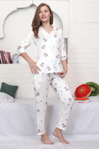 Velure Adorable White Floral Satin Night Suit
