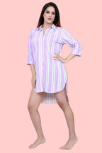 Velure Classic Purple Stripes Short Night Shirt - Velure - - Collar Neck, Cotton, Front Button Open, Knee Length, Stripes