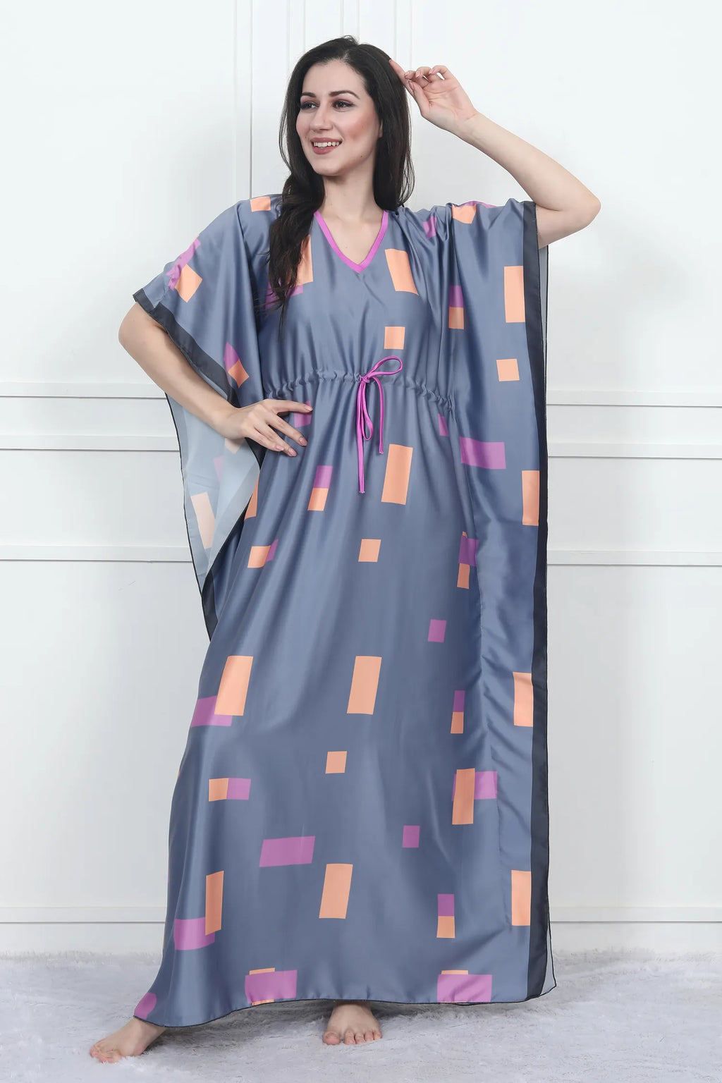 Velure Modern Geometric Print Kaftan - Velure - - Center Drawstring, Full Length Nighty, Satin