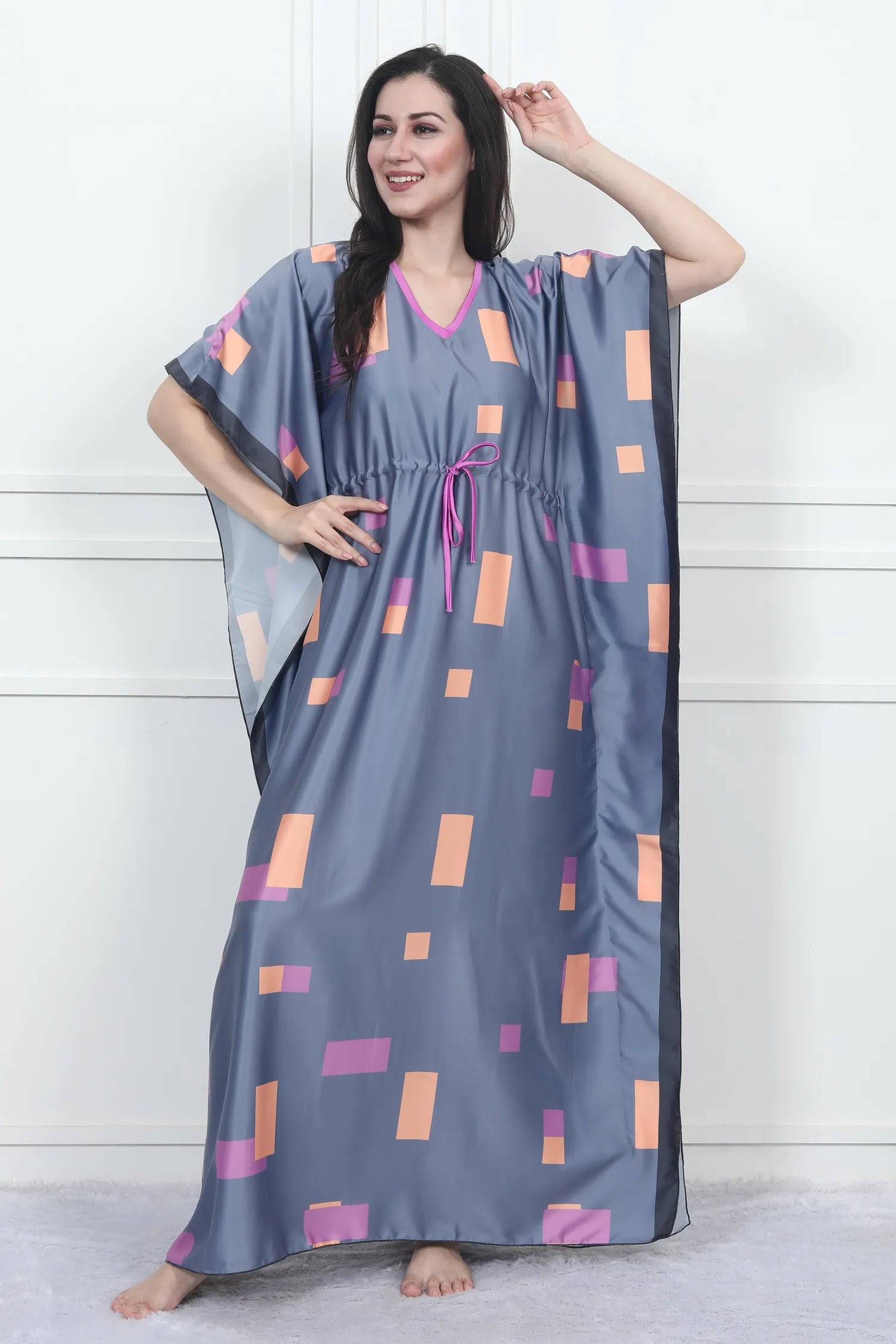 Velure Modern Geometric Print Kaftan - Velure - - Center Drawstring, Full Length Nighty, Satin