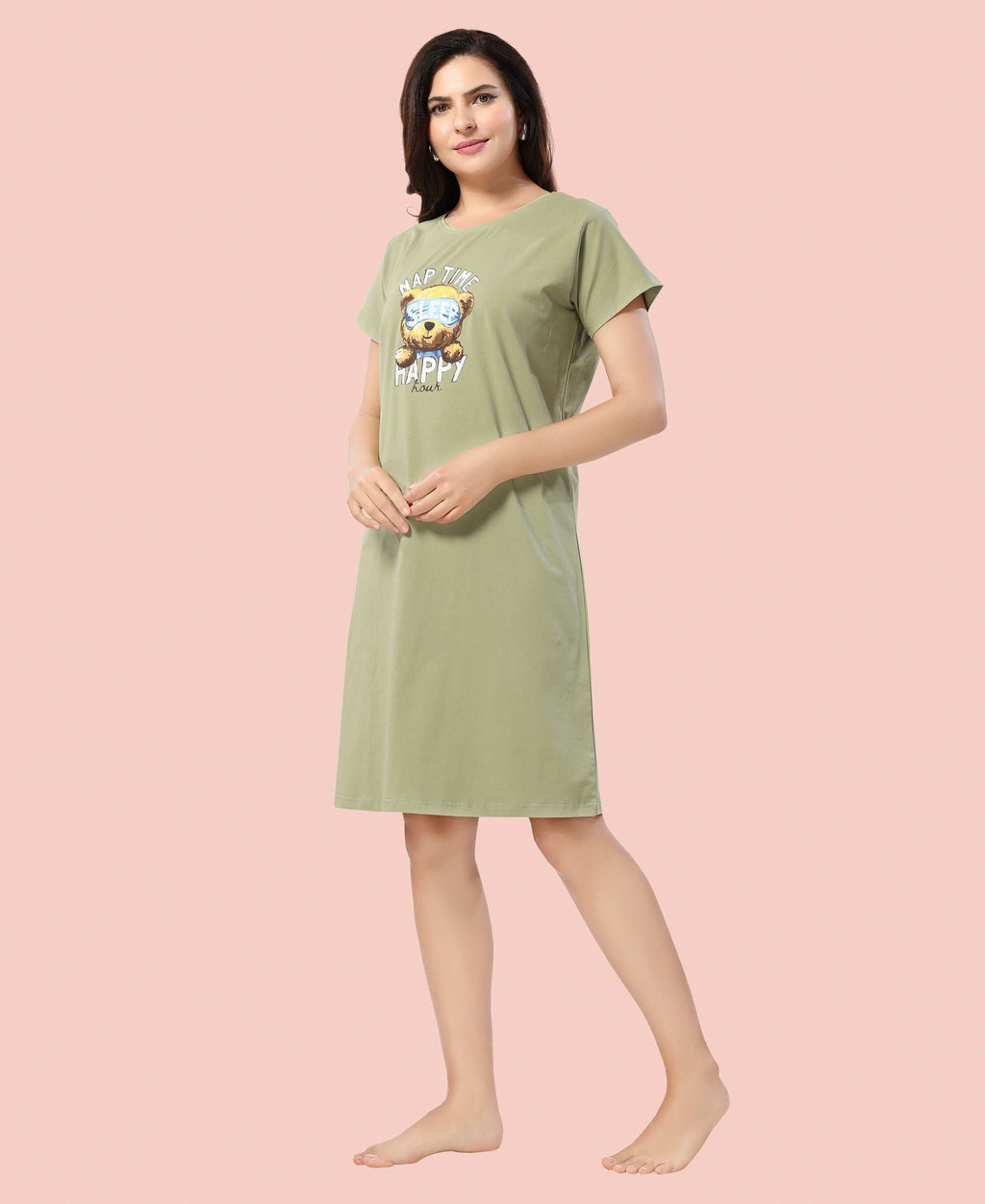 Velure Cozy Teddy Bear Nap Time Short Nighty - Velure - - Cotton, Knee Length, Printed, Round neck