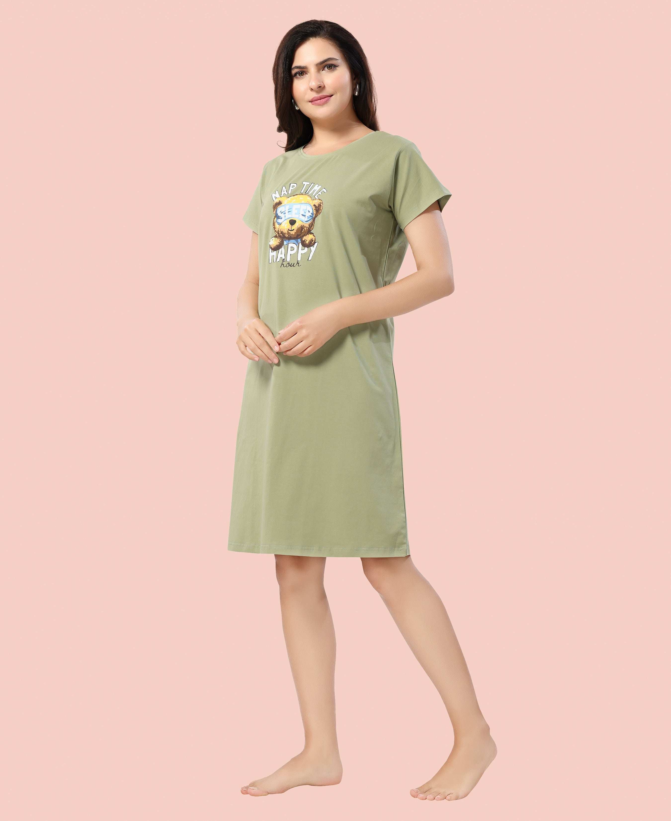 Velure Cozy Teddy Bear Nap Time Short Nighty - Velure - - Cotton, Knee Length, Printed, Round neck