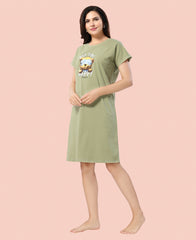 Velure Cozy Teddy Bear Nap Time Short Nighty - Velure - - Cotton, Knee Length, Printed, Round neck