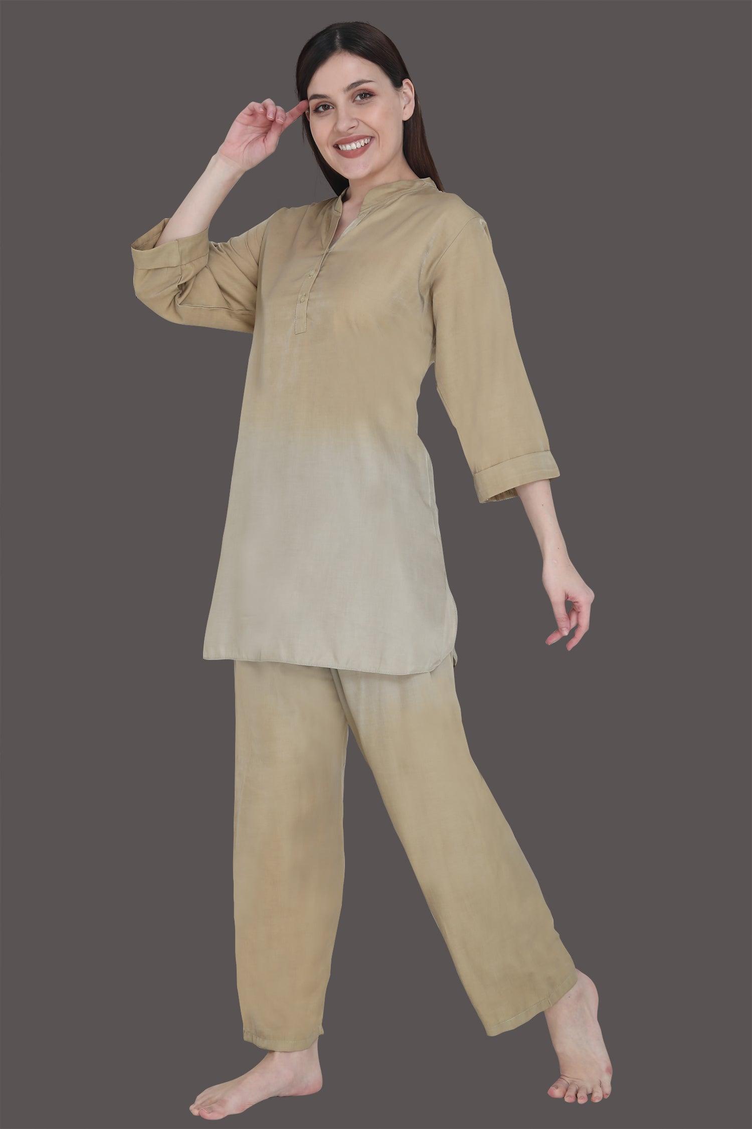 Velure Pleasing Dual Shade Kurti Style Night Suit - Velure - Long Top and Pant - 3/4 Sleeves, Collar Neck, Cotton, Front Button Open, Full Length Pant