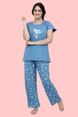 Velure Classic Floral Print Pajama Set - Velure - T-Shirt and Pant - Cotton Lycra Fabric, Floral Print, Full Length Pant, Half Sleeves, Round neck nightsuit