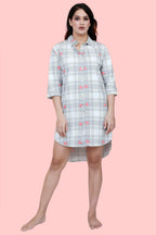 Velure Checked Heart Print Short Night Shirt - Velure - - 3/4 Sleeves, Collar Neck, Cotton, Front Button Open, Knee Length