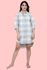 Velure Checked Heart Print Short Night Shirt - Velure - - 3/4 Sleeves, Collar Neck, Cotton, Front Button Open, Knee Length